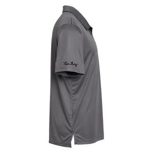 Side of grey adidas polo with Keith Byars signature on right sleeve