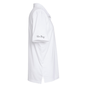 Side of white adidas polo with Keith Byars signature on right sleeve