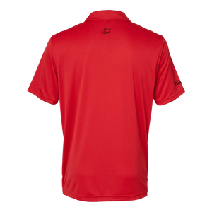 Back of red Adidas polo with Insideya Golf icon on back yoke