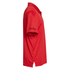 Side of red adidas polo with Keith Byars signature on right sleeve