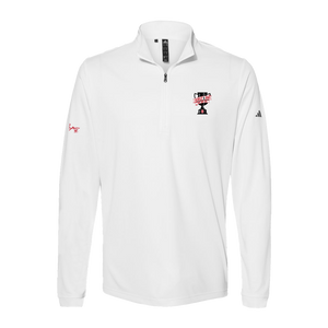 white quarter-zip adidas jacket with keith byars signature on right sleeve