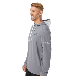 Model wearing a grey Adidas hoodie with Insideya Golf logo on left chest and Keith Byars signature on left sleeve