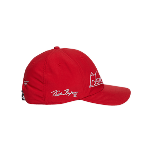 Red snapback hat with embroidered Keith Byars Signature