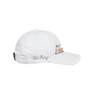 White snapback hat with embroidered Keith Byars Signature