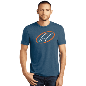 Model wearing heathered blue t-shirt with Insideya Golf icon on full front