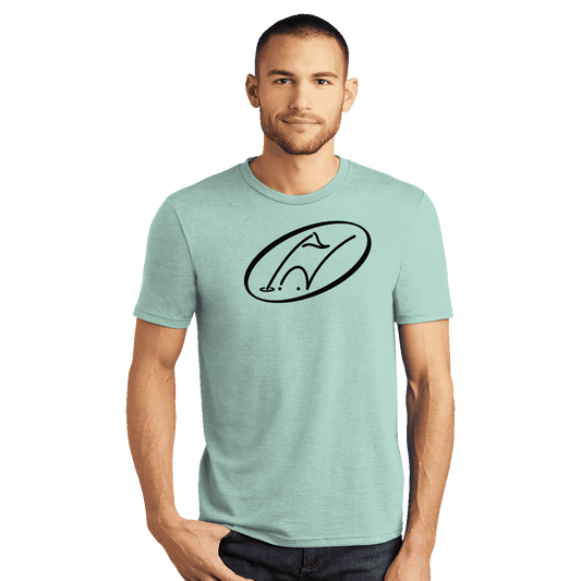 Model wearing mint t-shirt with Insideya Golf icon on full front