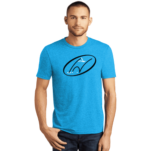 Model wearing turquoise t-shirt with Insideya Golf icon on full front