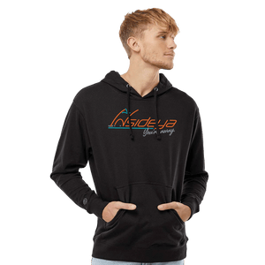 Model wearing a black hoodie with Insideya Golf logo on front
