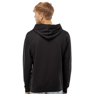 Back of model wearing black hoodie