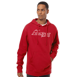 Model wearing a red hoodie with Insideya Golf logo on front