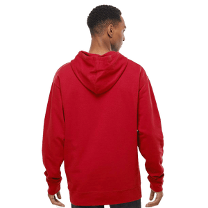 Back of model wearing a red hoodie with Insideya Golf logo on front