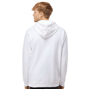 Back of model wearing white hoodie