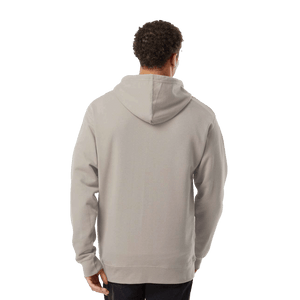 Back of model wearing tan hoodie