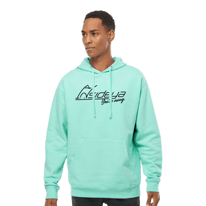 Model wearing a mint hoodie with Insideya Golf logo on front