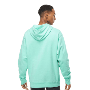 Back of model wearing mint hoodie