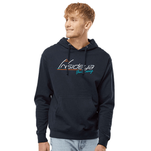 Model wearing a navy hoodie with Insideya Golf logo on front
