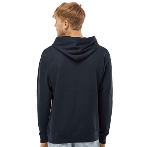 Back of model Model wearing a navy hoodie with Insideya Golf logo on front