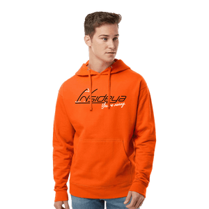 Model wearing an orange hoodie with Insideya Golf logo on front