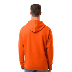 Back of model wearing an orange hoodie with Insideya Golf logo on front
