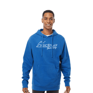 Model wearing a blue hoodie with Insideya Golf logo on front