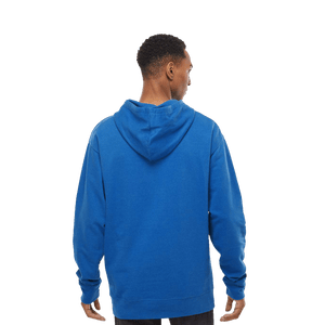 Back of model wearing blue hoodie