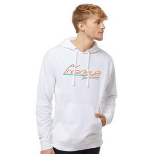 Model wearing a white hoodie with Insideya Golf logo on front