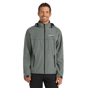 Model wearing a light grey waterproof jacket with Insideya Golf logo on left chest