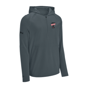 gray Sport-Tek half-zip pullover hoodie with a hood, long sleeves, and a front zipper.