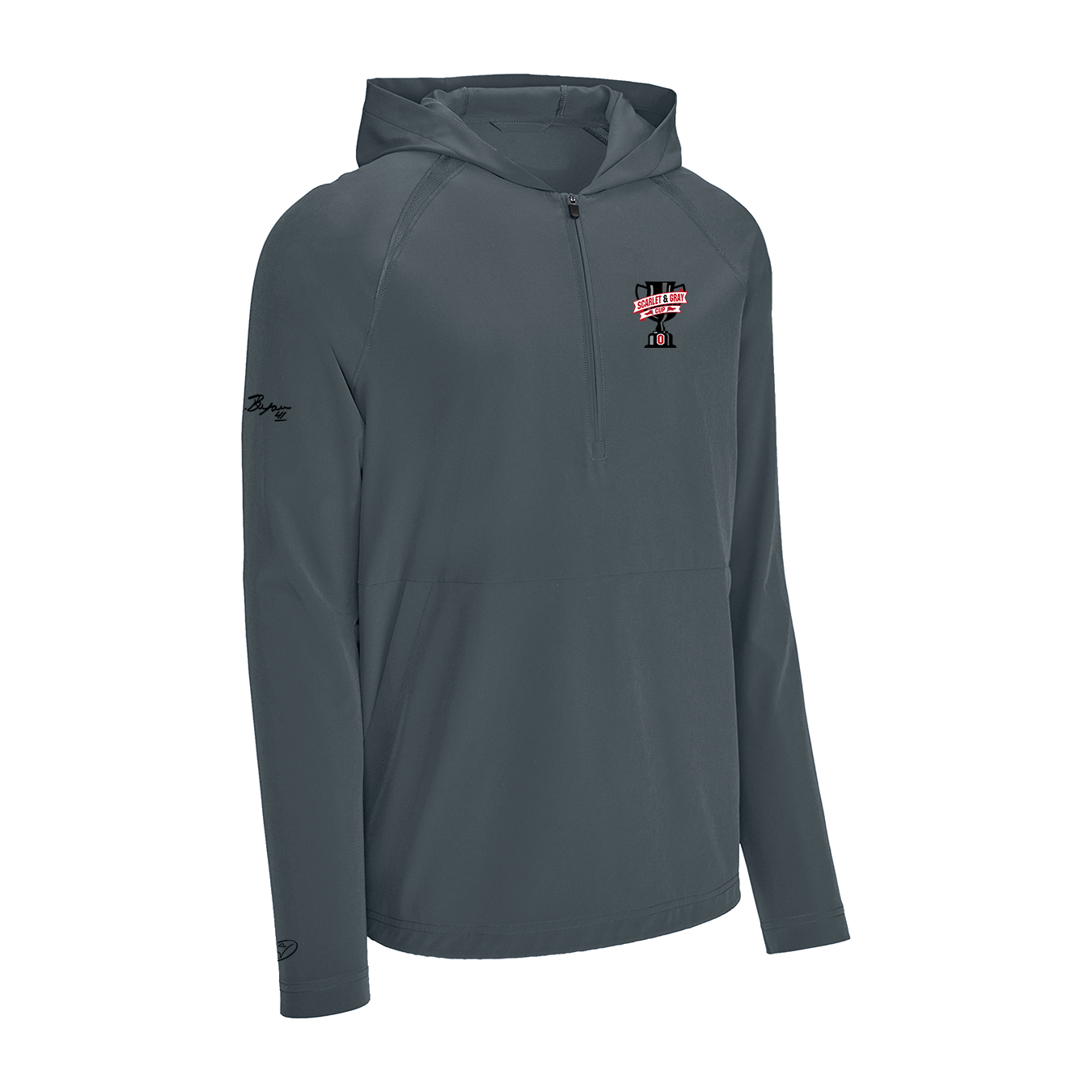 gray Sport-Tek half-zip pullover hoodie with a hood, long sleeves, and a front zipper.