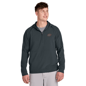 Model wearing dark grey half-zip jacket with Insideya Golf logo on left chest 