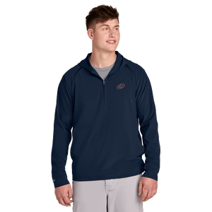 Model wearing navy half-zip jacket with Insideya Golf logo on left chest 