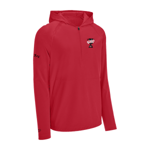 red Sport-Tek half-zip pullover hoodie with a hood, long sleeves, and a front zipper.