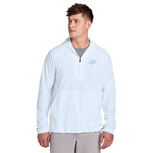 Model wearing White half-zip jacket with Insideya Golf logo on left chest 