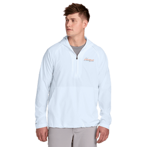 Model wearing a white half-zip jacket with Insideya Golf logo on the left chest