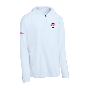 white Sport-Tek half-zip pullover hoodie with a hood, long sleeves, and a front zipper