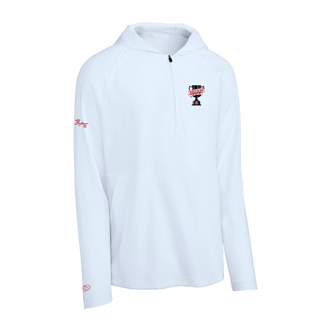 white Sport-Tek half-zip pullover hoodie with a hood, long sleeves, and a front zipper
