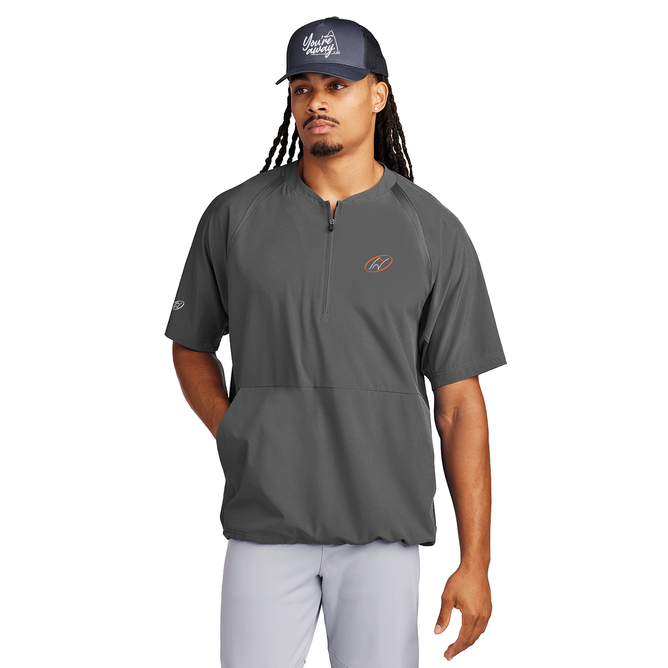 Model wearing grey half-zip short sleeve jacket with Insideya Golf logo on left chest 