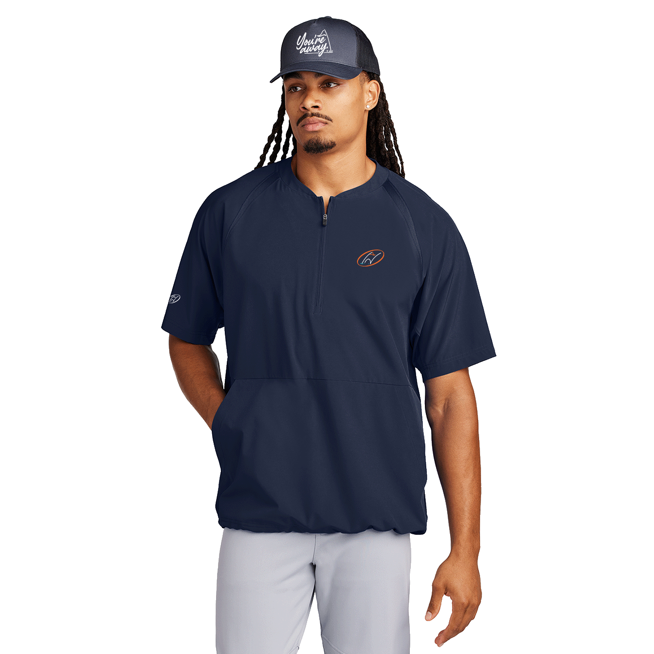 Model wearing navy half-zip short sleeve jacket with Insideya Golf logo on left chest 