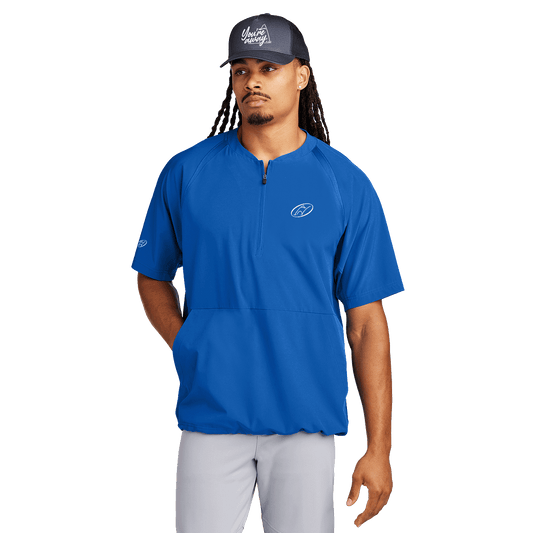 Model wearing Blue half-zip short sleeve jacket with Insideya Golf logo on left chest 