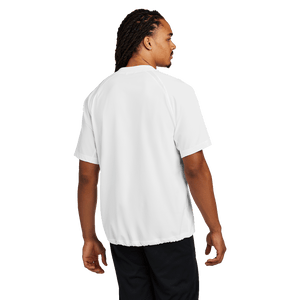 Back of model wearing white half-zip short sleeve jacket with Insideya Golf logo on back yoke