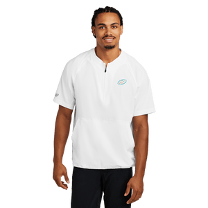 Model wearing white half-zip short sleeve jacket with Insideya Golf logo on left chest 