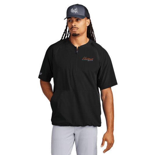 Model wearing a black half-zip short sleeve jacket with Insideya Golf logo on the left chest