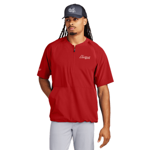 Model wearing a red half-zip short sleeve jacket with Insideya Golf logo on the left chest