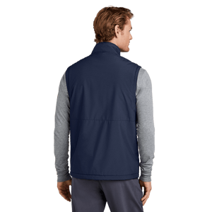 Back of model wearing navy vest