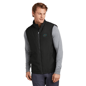 Model wearing black vest with Insideya Golf icon on left chest