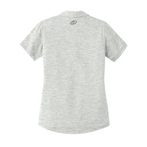 Back of women's grey golf polo with Insideya Golf icon