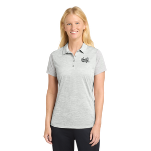 Woman wearing grey golf polo with Insideya Golf tagline