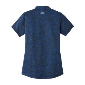 Back of women's blue golf polo with Insideya Golf icon