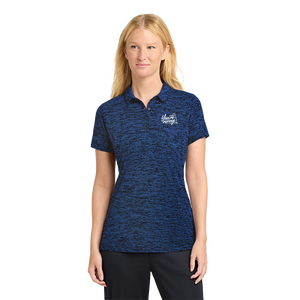 Woman wearing blue golf polo with Insideya Golf tagline