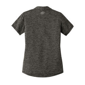 Back of women's dark grey golf polo with Insideya Golf icon